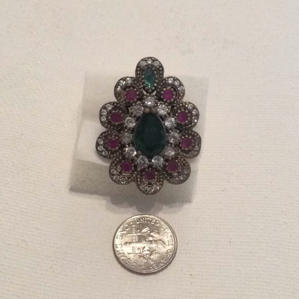 Sterling Silver Ring Emerald Ruby White Stones - image 2